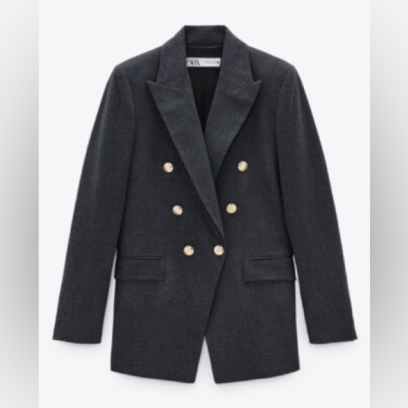 Zara Grey Gray Double Breasted Knit Wool Like Structured Military Blazer Jacket - Picture 4 of 16